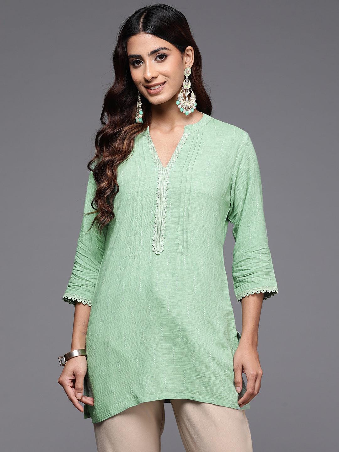 Green Woven Design Cotton Blend Straight Kurti - Jashvi