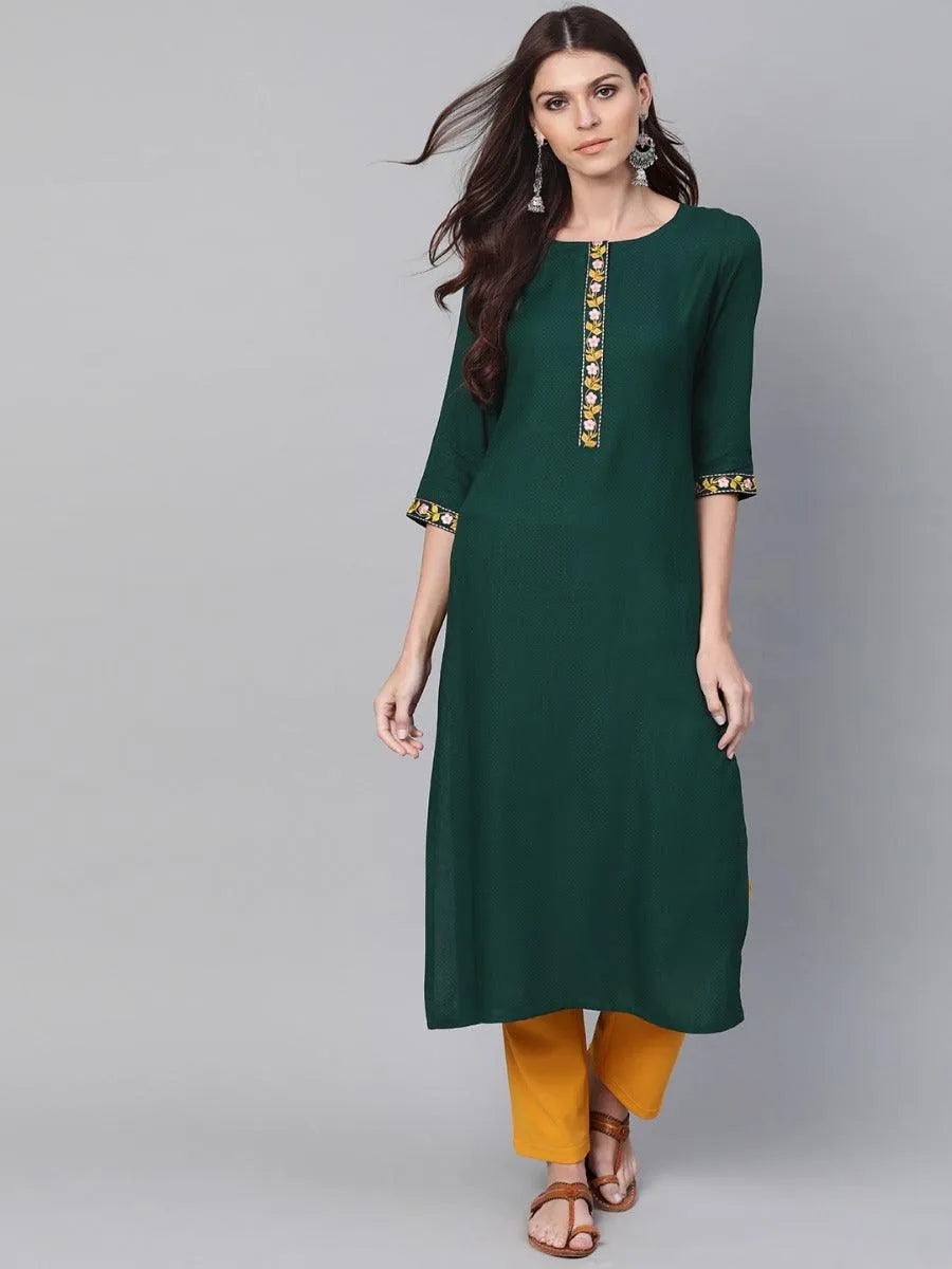 Green Woven Design Cotton Kurta - Jashvi