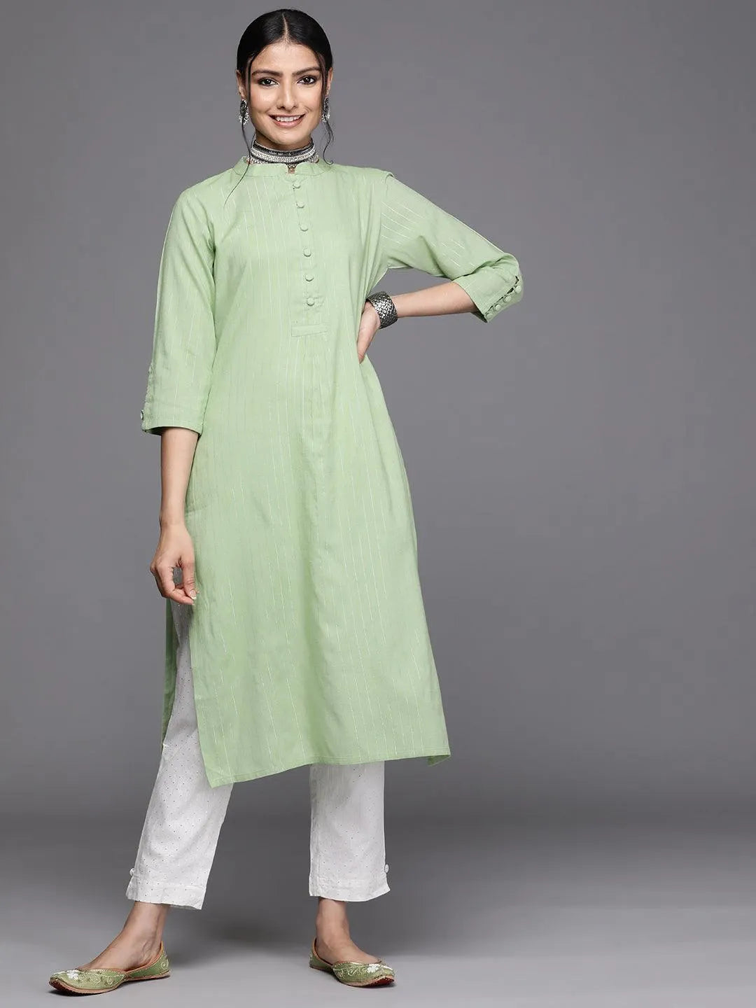 Green Woven Design Cotton Kurta - Jashvi