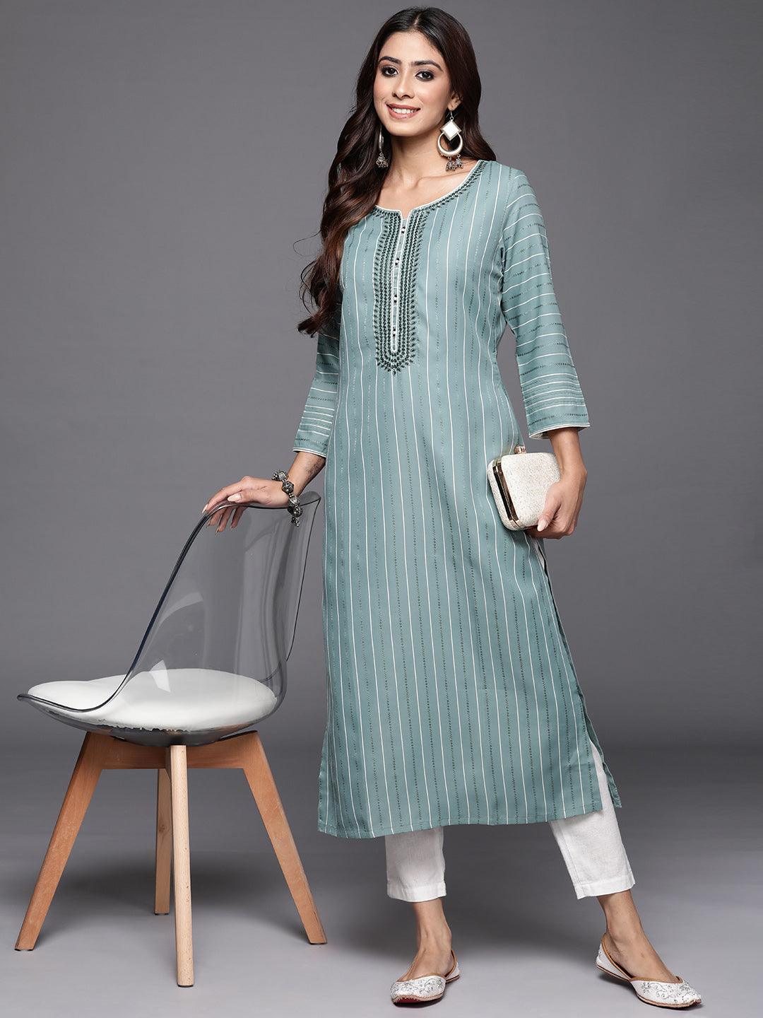 Green Woven Design Cotton Straight Kurta - Jashvi