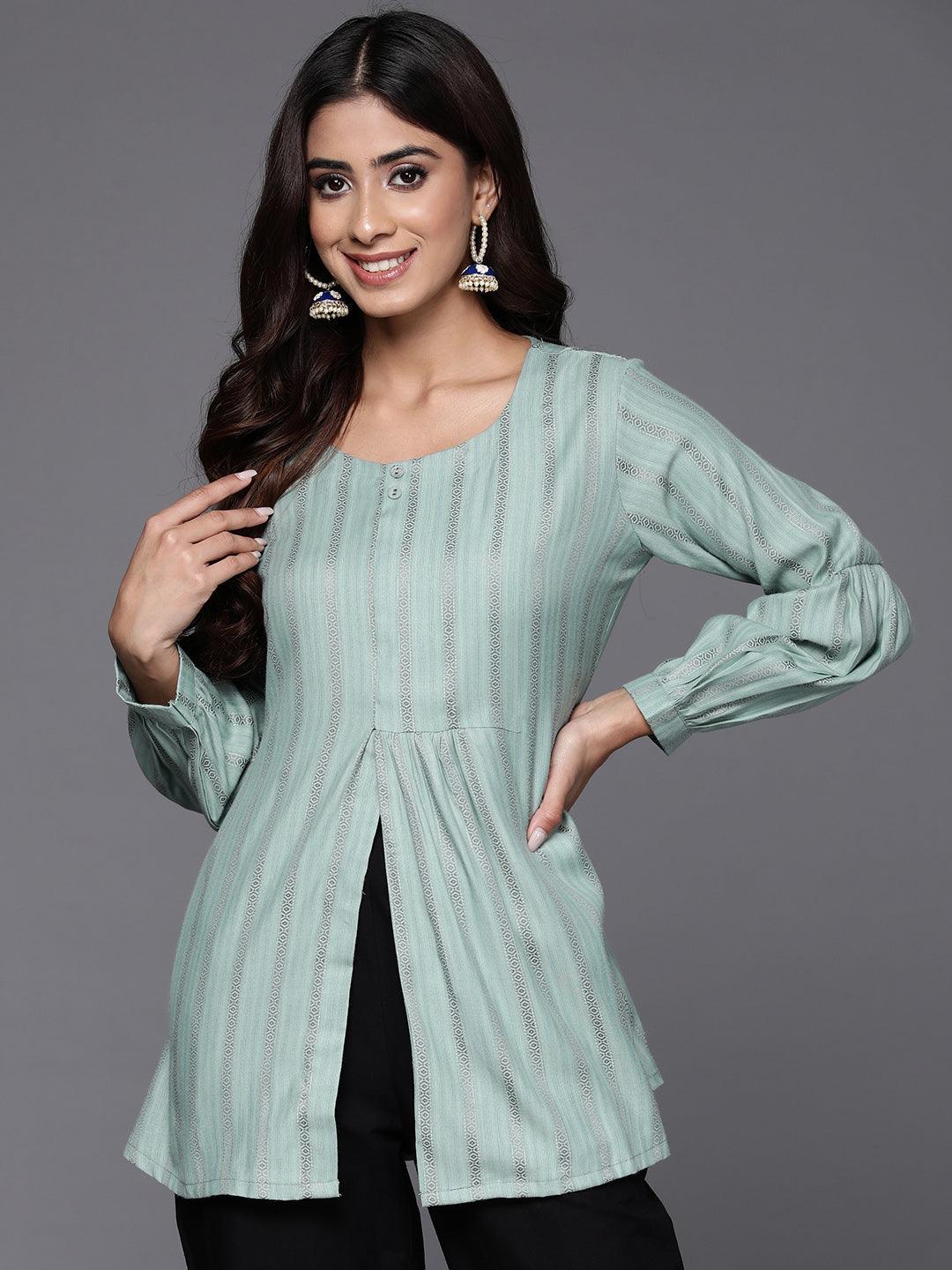 Green Woven Design Rayon A-Line Kurti - Jashvi