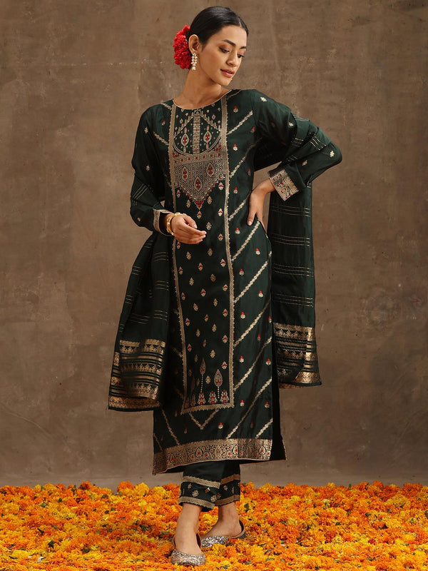 Green Woven Design Silk Blend Straight Suit Set With Trousers - Jashvi