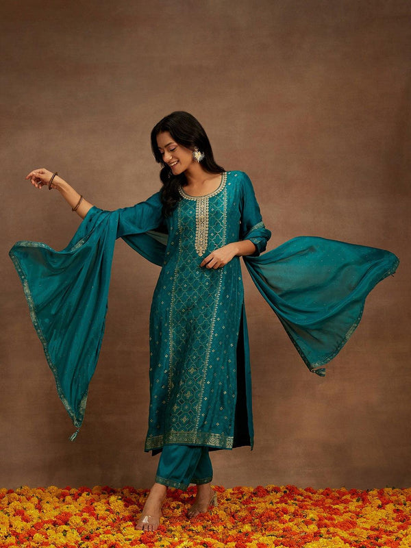 Green Woven Design Silk Blend Straight Kurta With Trousers & Dupatta - Jashvi