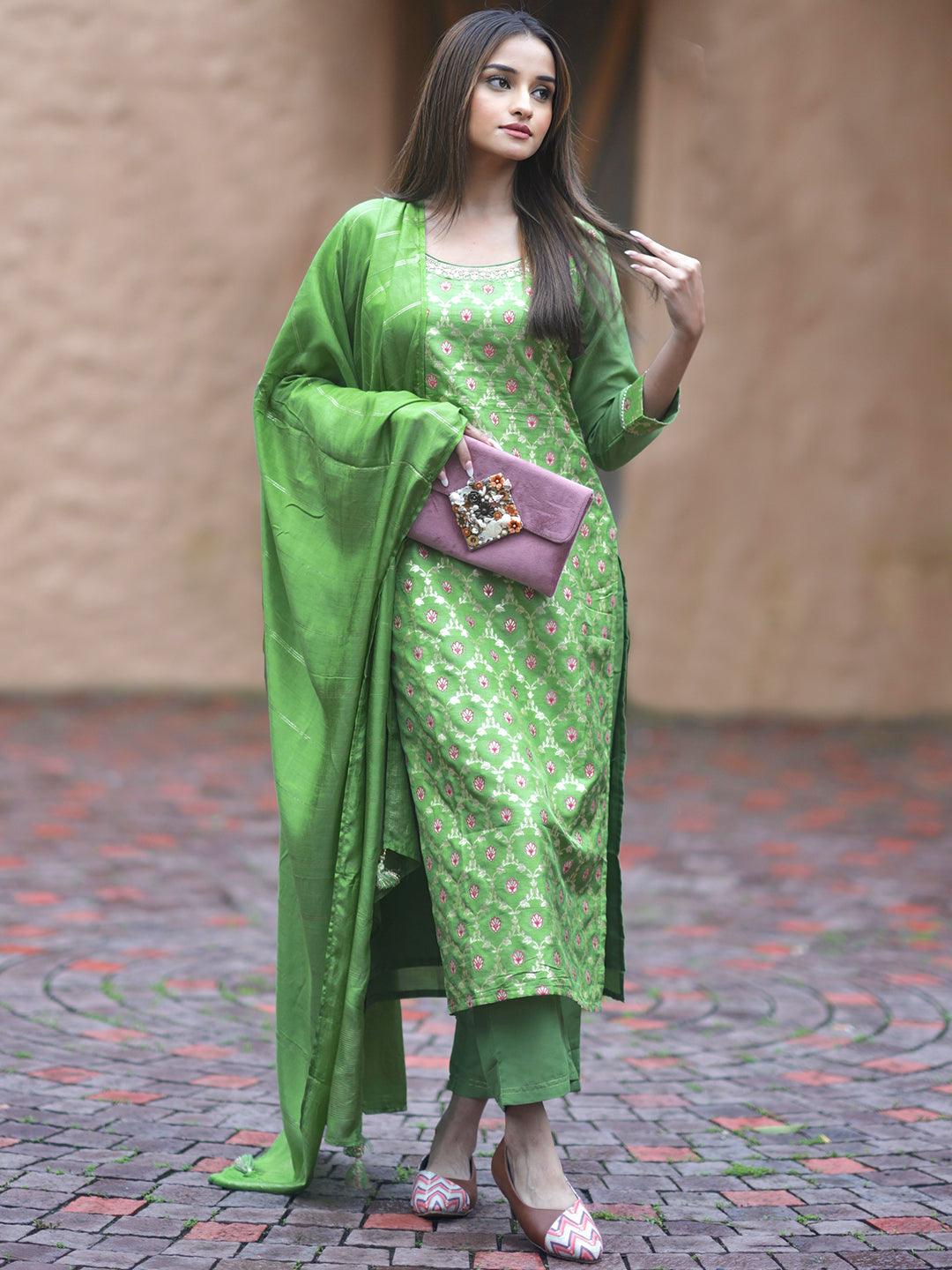 Green Woven Design Silk Blend Straight Kurta With Trousers & Dupatta - Jashvi