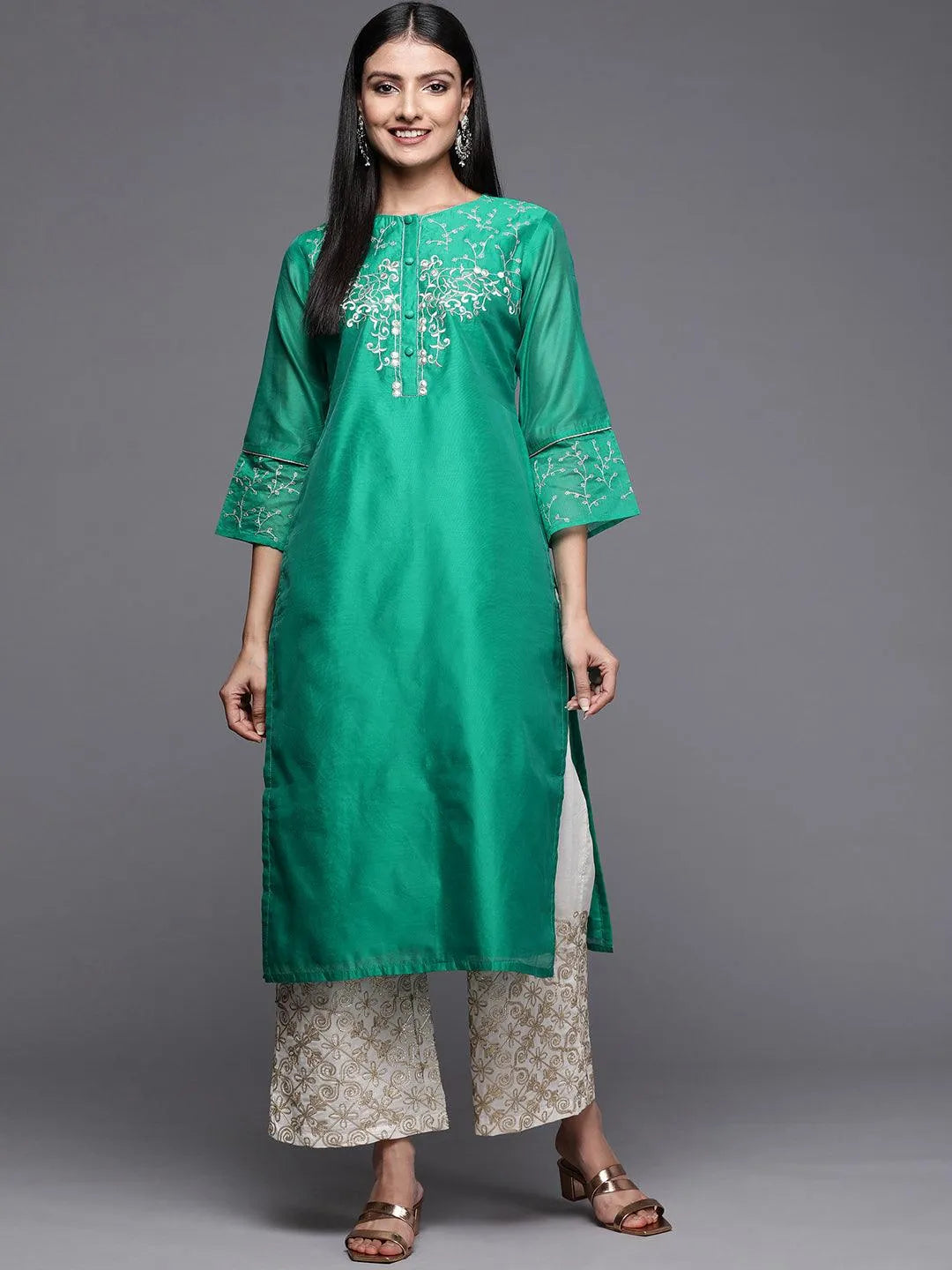 Green Yoke Design Chanderi Silk Straight Kurta - Jashvi