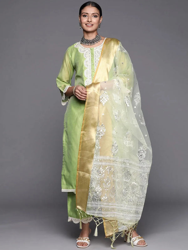 Green Yoke Design Chanderi Silk Straight Suit Set - Jashvi