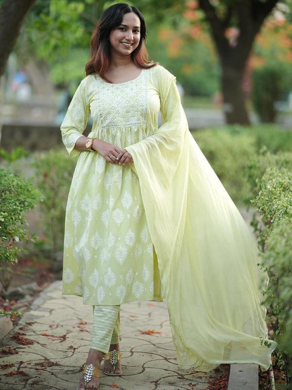 Green Yoke Design Cotton A-Line Kurta With Trousers & Dupatta - Jashvi