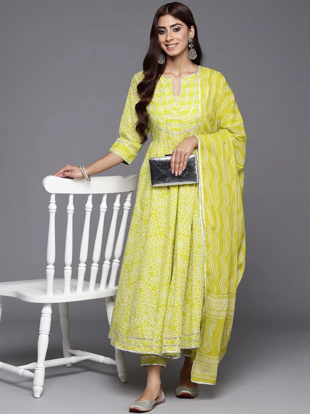 Green Yoke Design Cotton Anarkali Kurta With Trousers & Dupatta - Jashvi