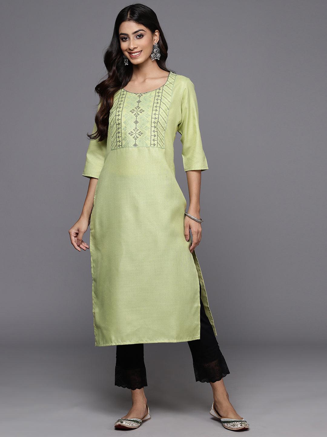 Green Yoke Design Cotton Straight Kurta - Jashvi