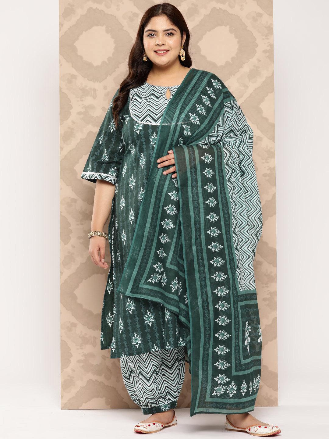 Green Yoke Design Cotton Straight Kurta With Salwar and Dupatta - Jashvi