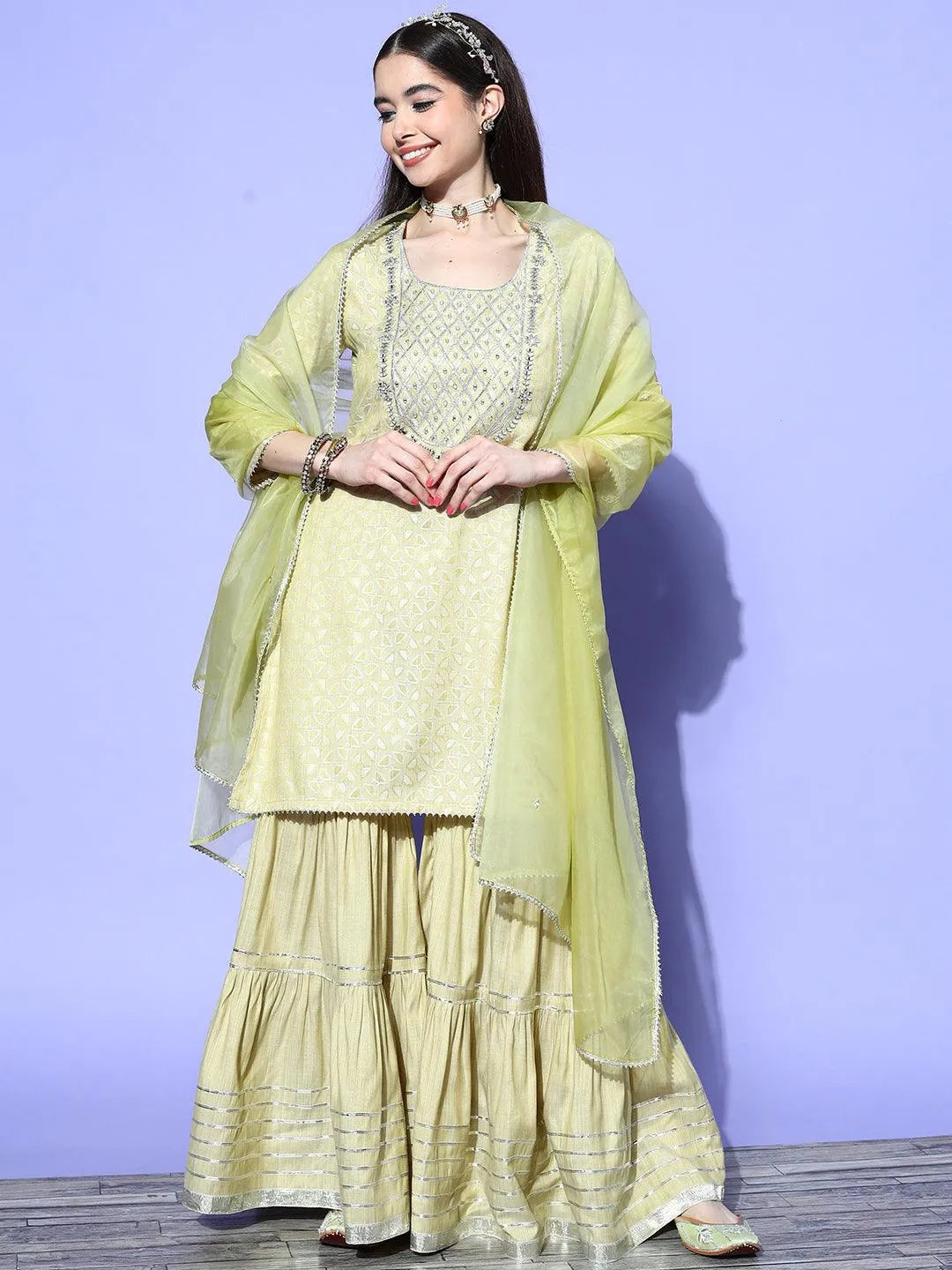 Green Yoke Design Cotton Straight Kurta With Sharara & Dupatta - Jashvi