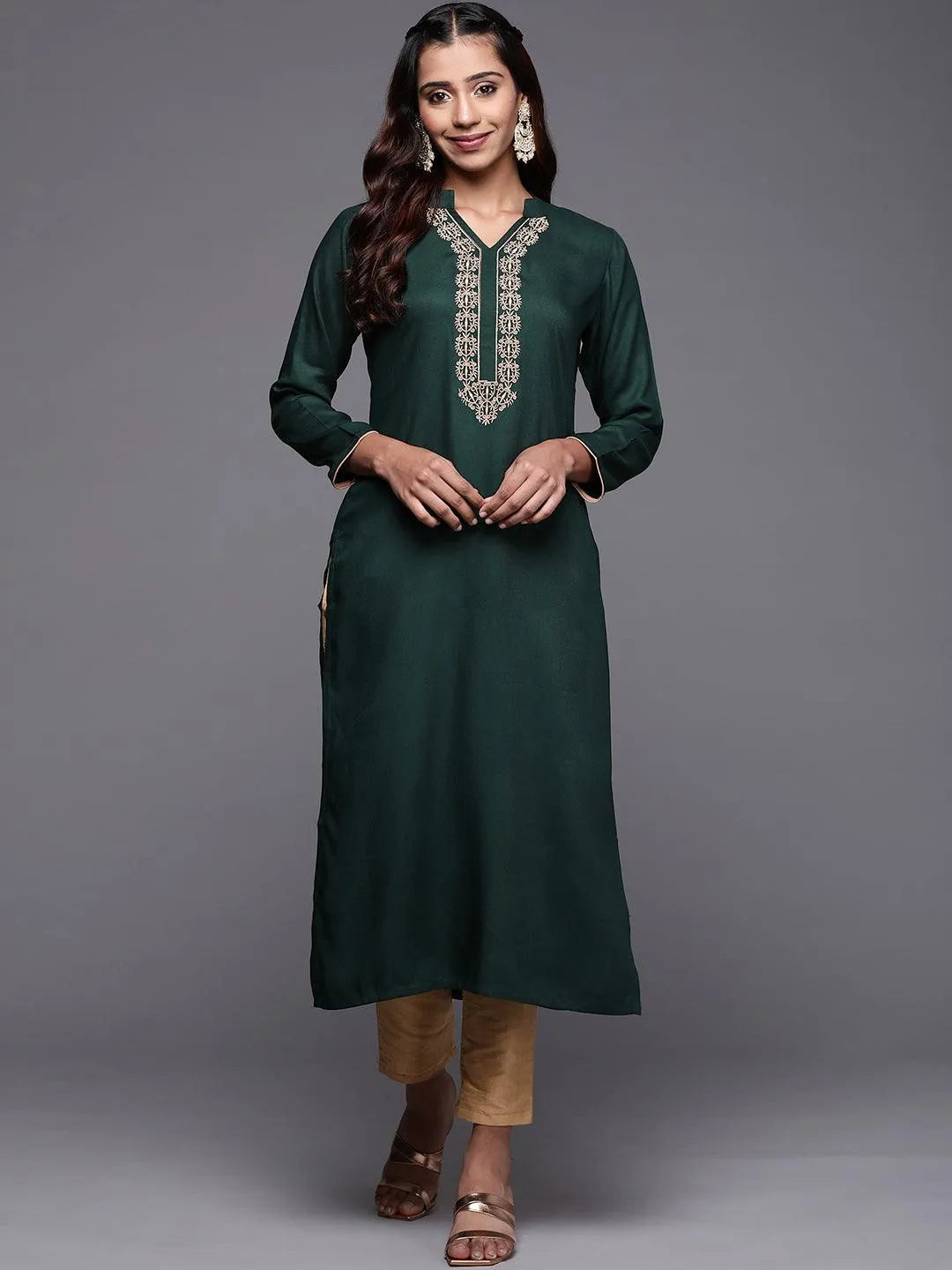 Green Yoke Design Pashmina Wool Straight Kurta - Jashvi