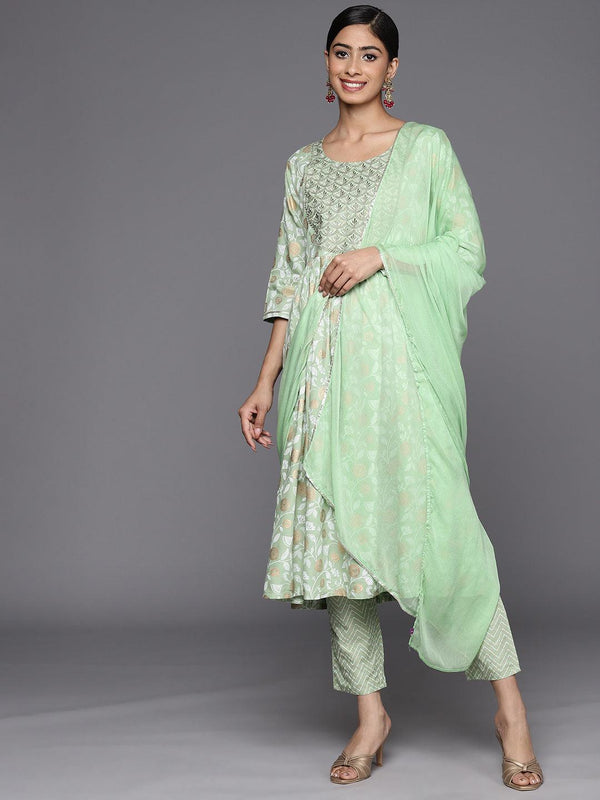 Green Yoke Design Rayon A-Line Suit Set With Trousers - Jashvi