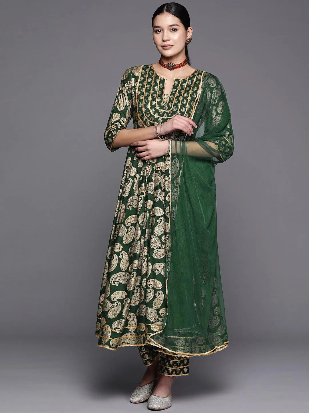 Green Yoke Design Rayon Anarkali Suit Set With Trousers - Jashvi