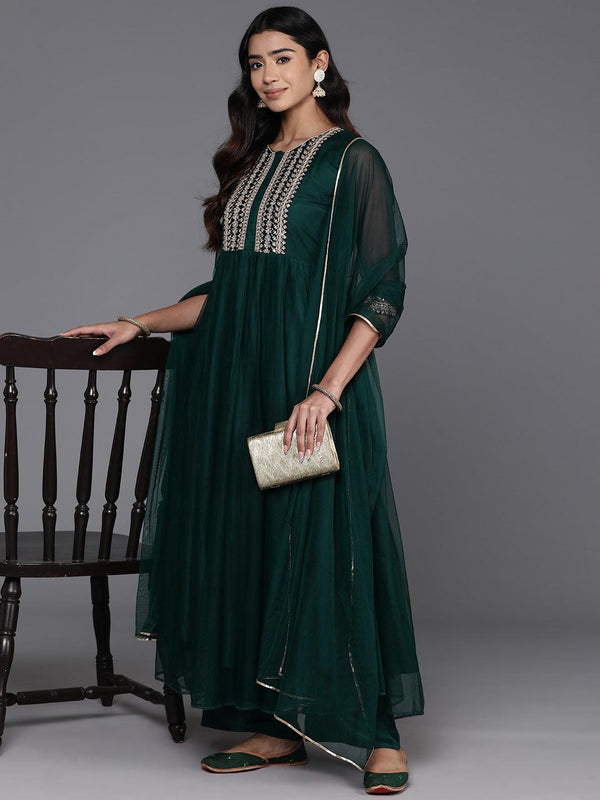 Green Yoke Design Shantoon A-Line Kurta With Palazzos & Dupatta - Jashvi