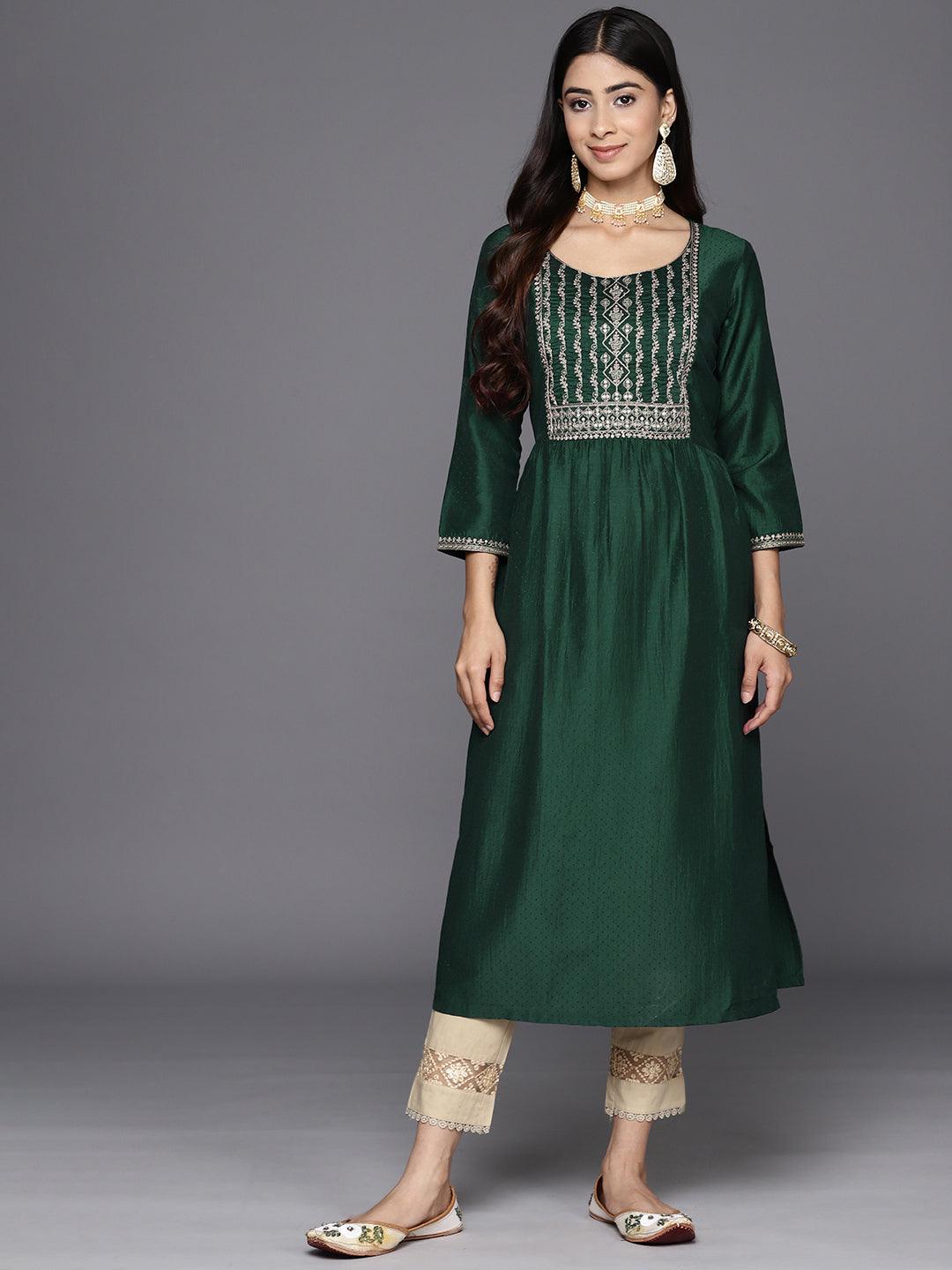 Green Yoke Design Silk A-Line Kurta - Jashvi