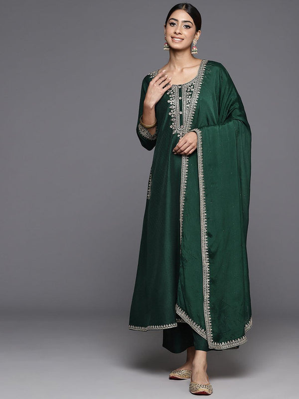 Green Yoke Design Silk Blend A-Line Kurta With Palazzos & Dupatta - Jashvi