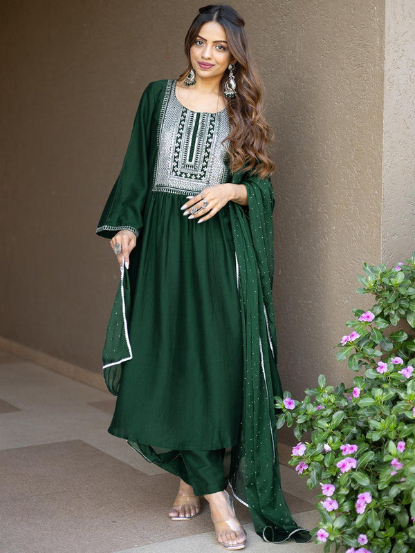 Green Yoke Design Silk Blend A-Line Kurta With Trousers & Dupatta - Jashvi