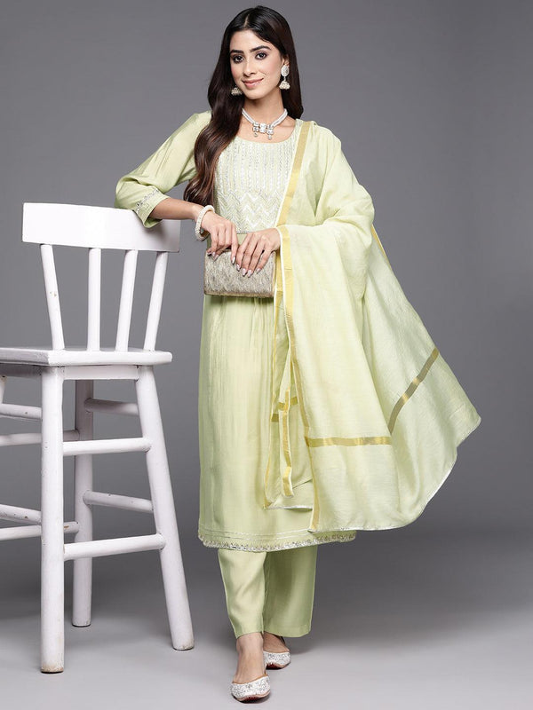 Green Yoke Design Silk Blend A-Line Kurta With Trousers & Dupatta - Jashvi