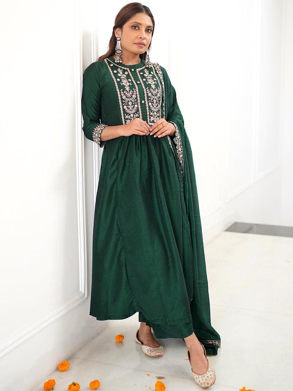 Green Yoke Design Silk Blend Anarkali Kurta With Palazzos & Dupatta - Jashvi