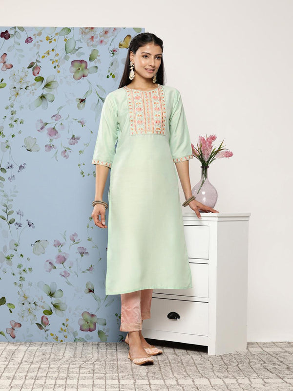 Green Embroidered Silk Blend Straight Kurta - Jashvi