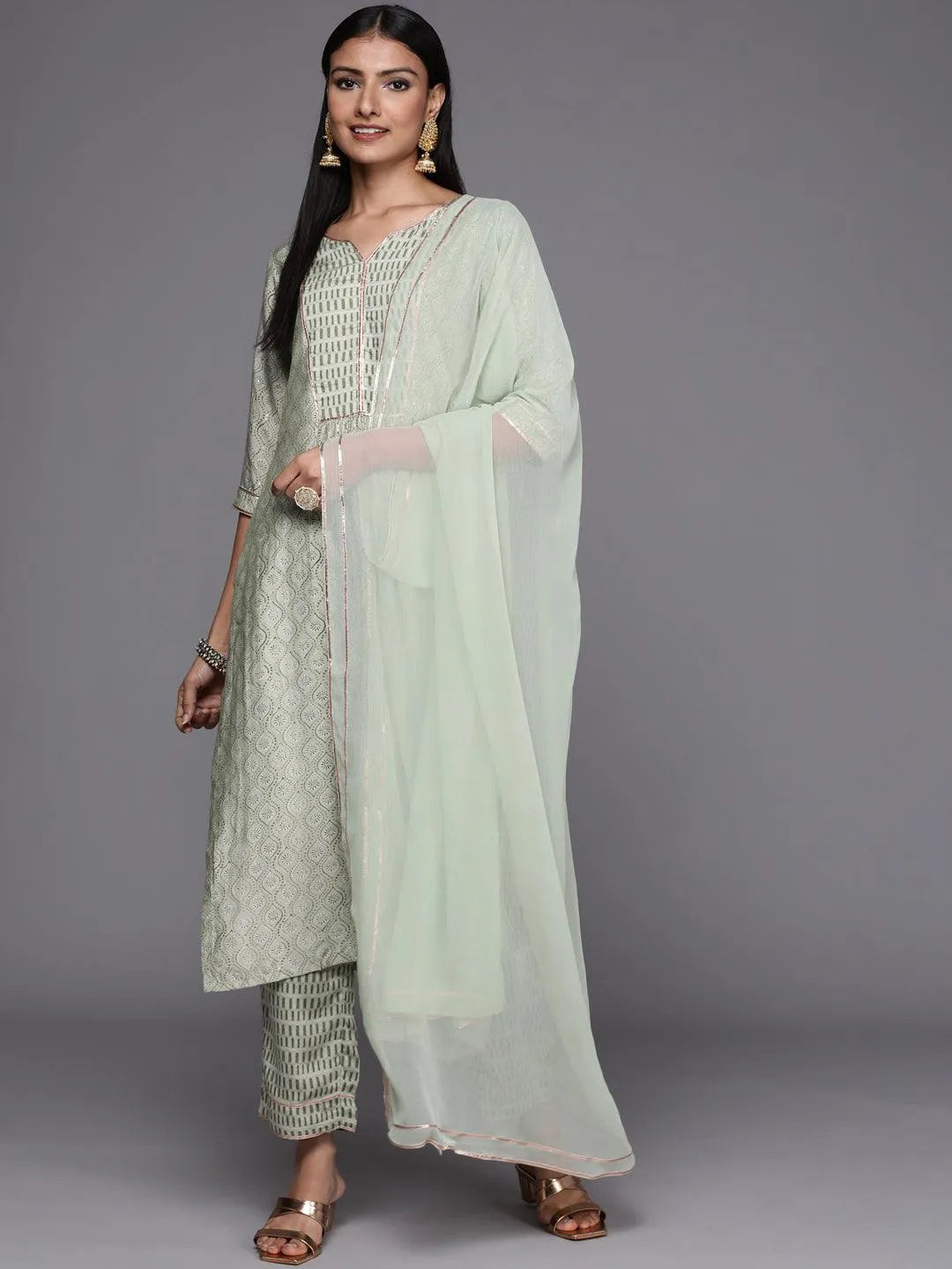 Green Yoke Design Silk Blend Straight Suit Set - Jashvi