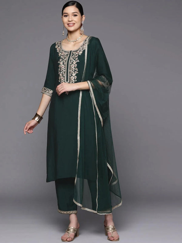 Green Yoke Design Silk Blend Straight Suit Set With Trousers - Jashvi