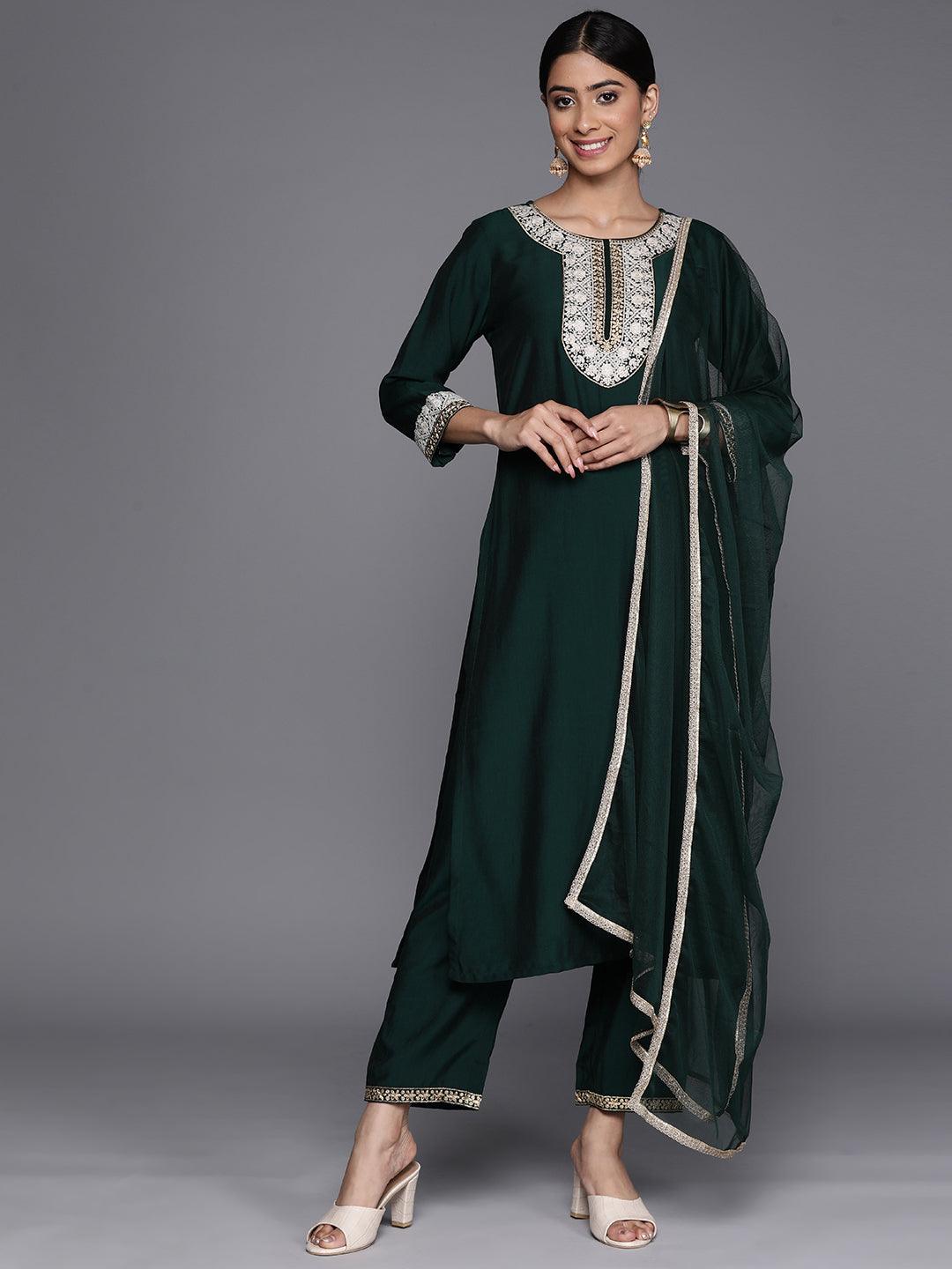 Green Embroidered Silk Blend Suit Set With Trousers - Jashvi