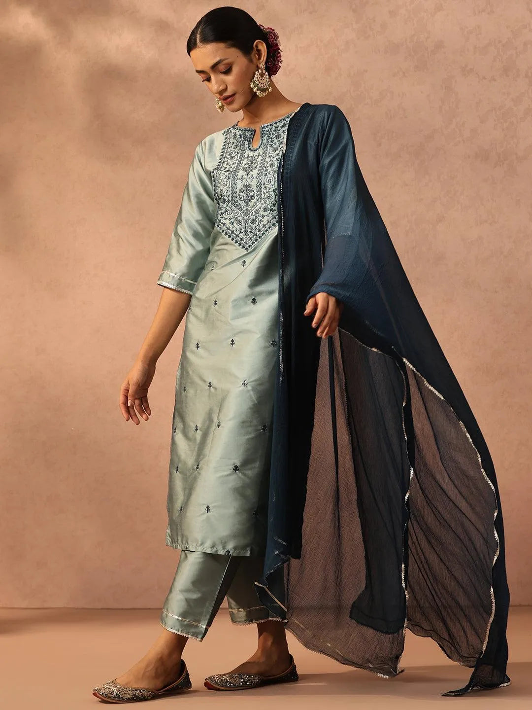 Green Yoke Design Silk Blend Suit Set With Trousers - Jashvi