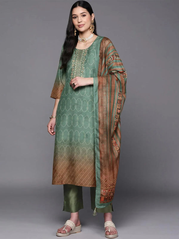 Green Yoke Design Silk Blend Suit Set With Trousers - Jashvi