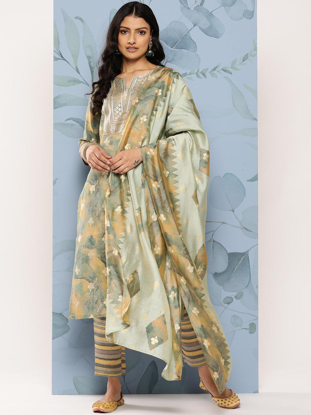 Green Yoke Design Silk Blend Straight Suit Set With Trousers - Jashvi