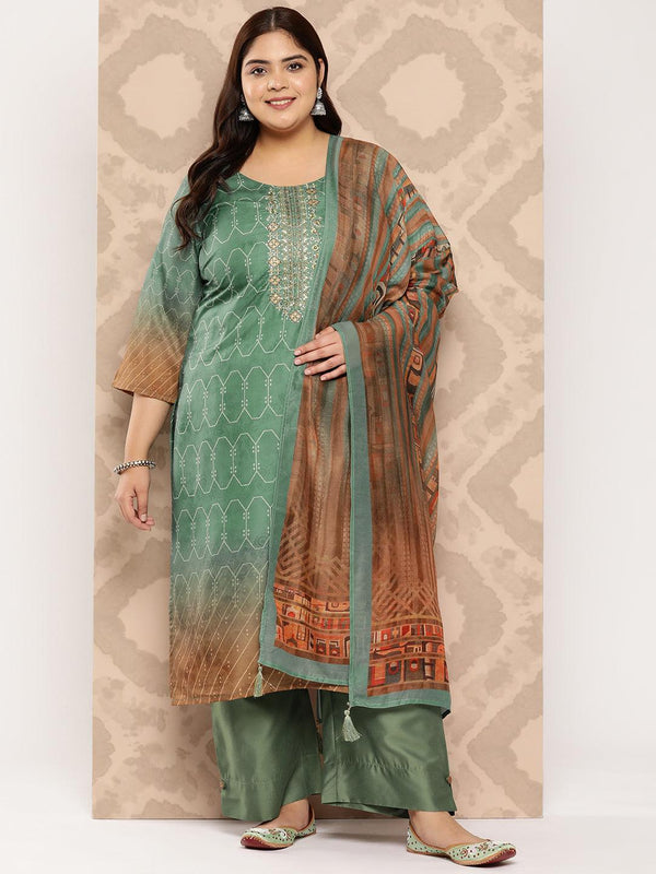 Green Yoke Design Silk Blend Straight Kurta With Trousers and Dupatta - Jashvi