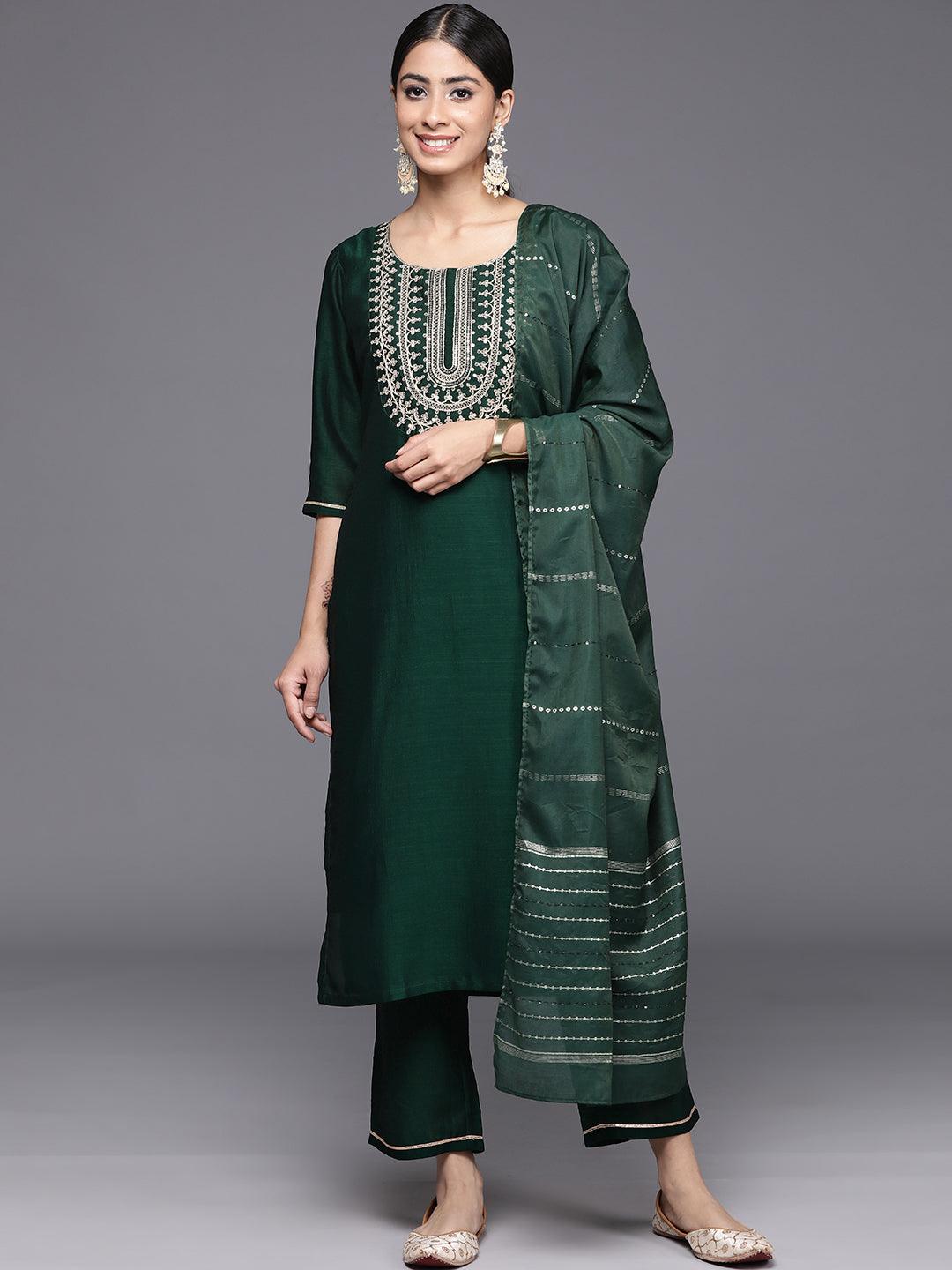 Green Yoke Design Silk Blend Straight Kurta With Trousers & Dupatta - Jashvi