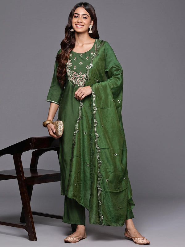 Green Yoke Design Silk Blend Straight Kurta With Trousers & Dupatta - Jashvi