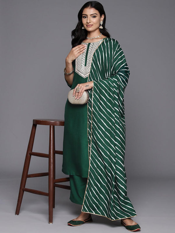 Green Yoke Design Silk Blend Straight Kurta With Trousers & Dupatta - Jashvi