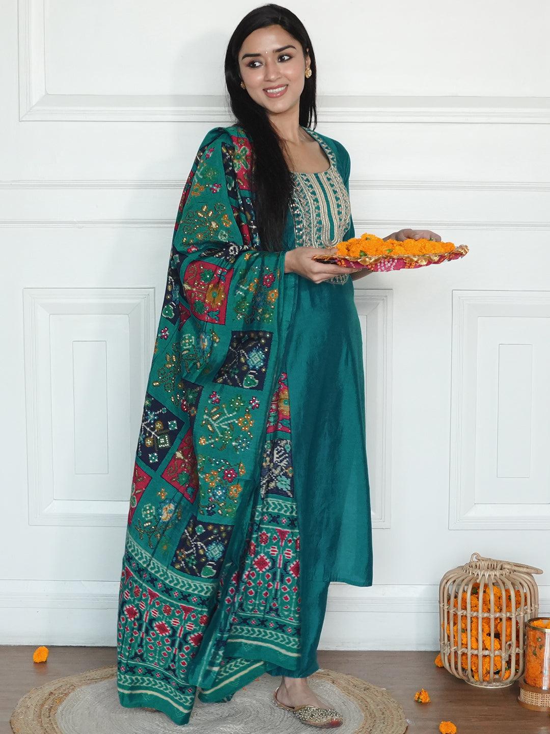 Green Yoke Design Silk Blend Straight Kurta With Trousers & Dupatta - Jashvi