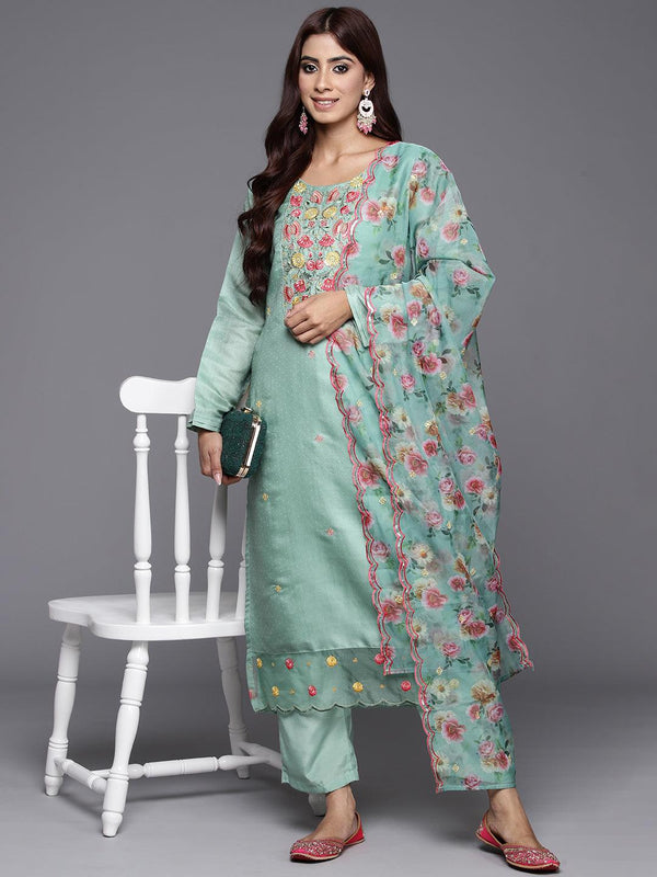 Green Yoke Design Silk Blend Straight Kurta With Trousers & Dupatta - Jashvi