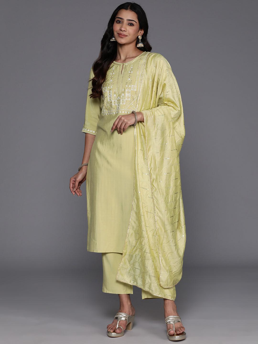 Green Yoke Design Silk Blend Straight Kurta With Trousers & Dupatta - Jashvi