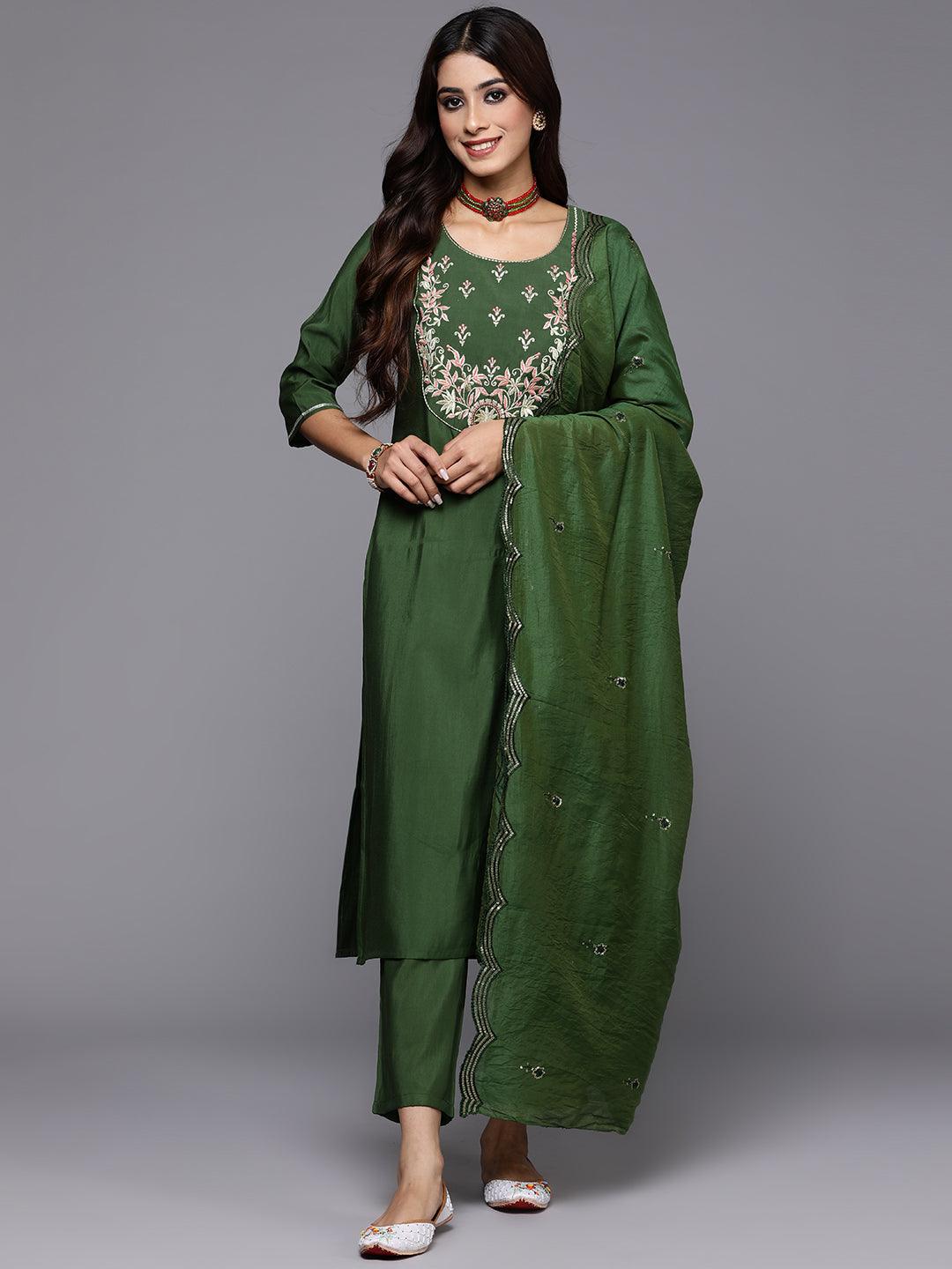 Green Yoke Design Silk Blend Straight Kurta With Trousers & Dupatta - Jashvi