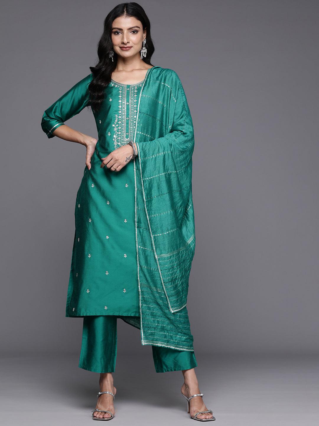 Green Yoke Design Silk Blend Straight Kurta With Trousers & Dupatta - Jashvi