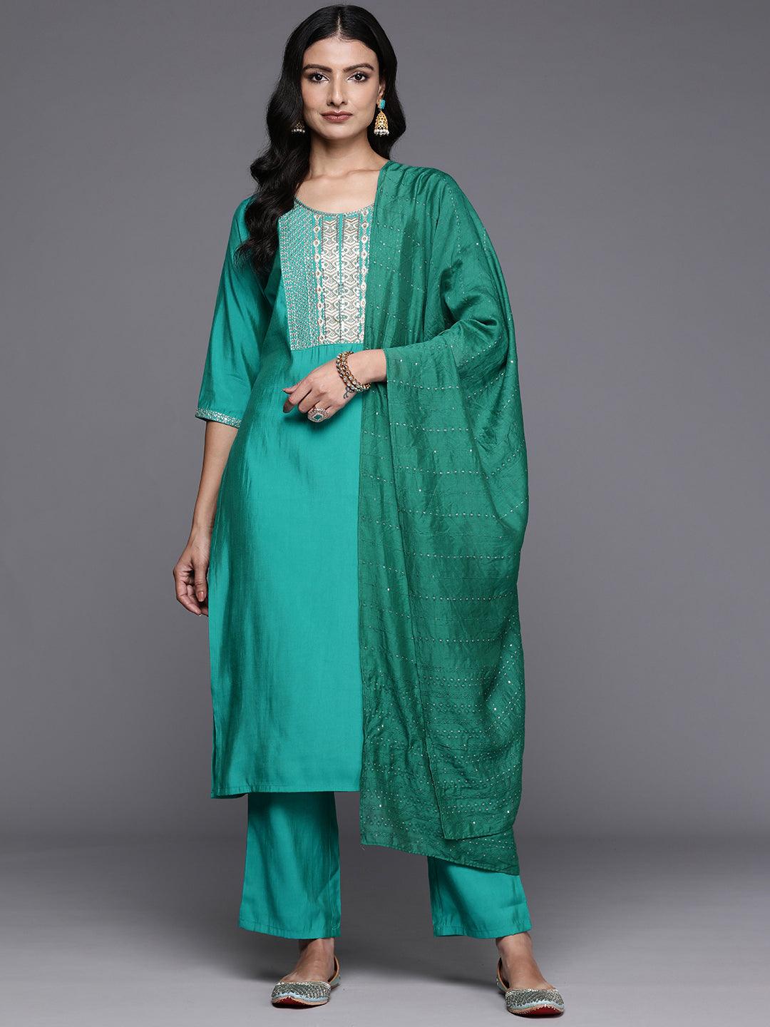 Green Yoke Design Silk Blend Straight Kurta With Trousers & Dupatta - Jashvi