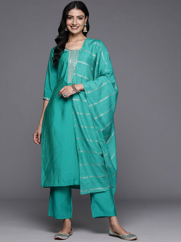 Green Yoke Design Silk Blend Straight Kurta With Trousers & Dupatta - Jashvi