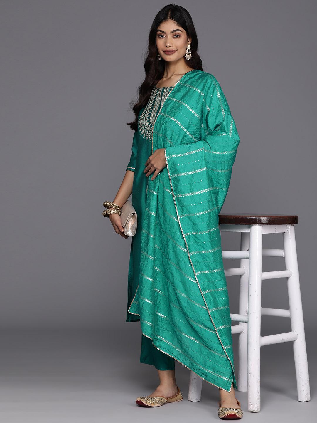 Green Yoke Design Silk Blend Straight Kurta With Trousers & Dupatta - Jashvi