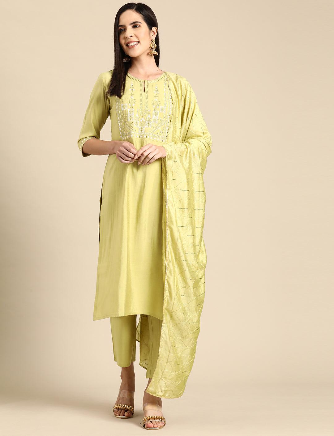 Green Yoke Design Silk Blend Straight Kurta With Trousers & Dupatta - Jashvi