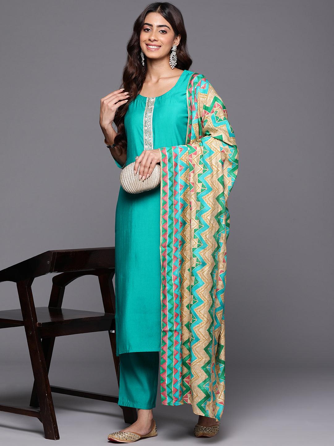 Green Yoke Design Silk Blend Straight Kurta With Trousers & Dupatta - Jashvi