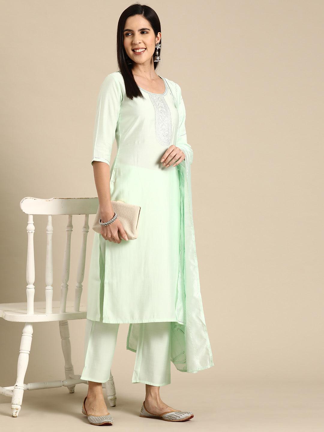 Green Yoke Design Silk Blend Straight Kurta With Trousers & Dupatta - Jashvi