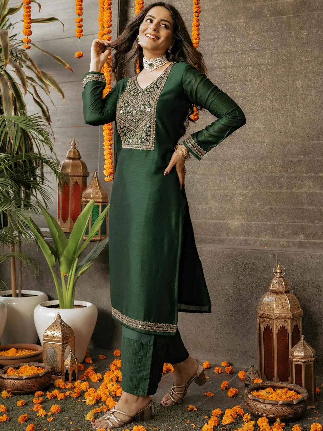 Green Yoke Design Silk Kurta - Jashvi