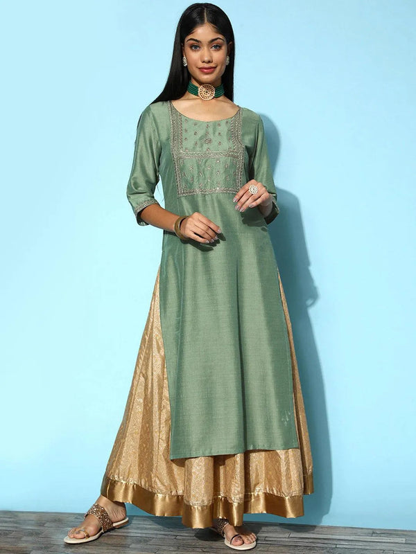 Green Yoke Design Silk Straight Kurta - Jashvi