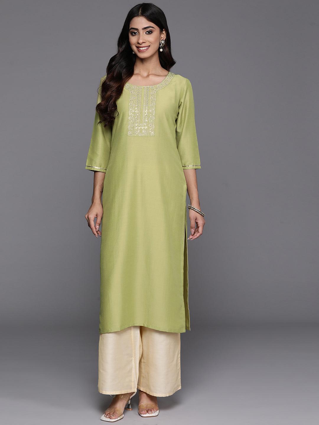 Green Yoke Design Silk Straight Kurta - Jashvi