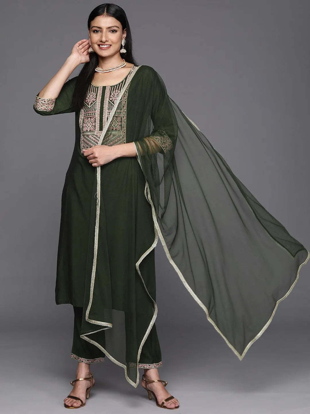 Green Yoke Design Silk Design Suit Set With Trousers - Jashvi